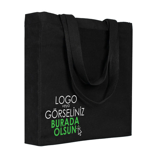 Tam Körüklü Siyah Kanvas Çanta - 35x40x10 cm - Örgü Kulp (Özelleştirilebilir) - istecanta.com
