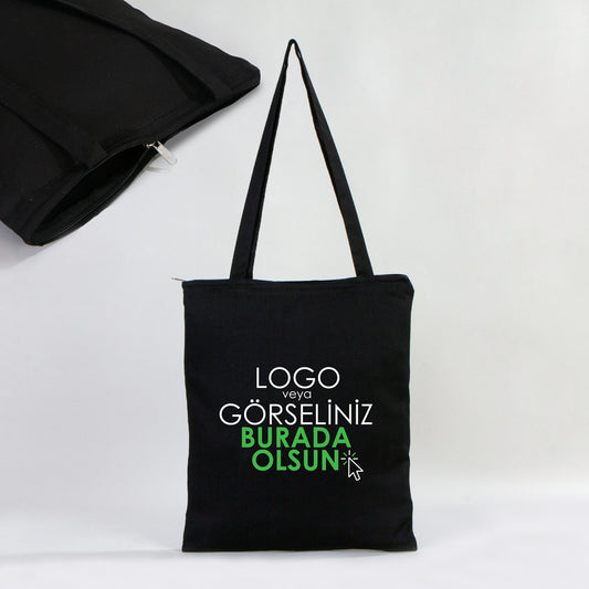 Fermuarlı Siyah Gabardin Bez Çanta 35x40cm (Özelleştirilebilir) - istecanta.com