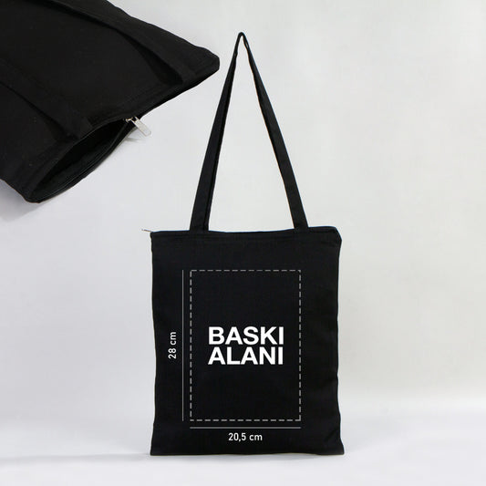 Fermuarlı Siyah Gabardin Bez Çanta 35x40cm (Özelleştirilebilir)