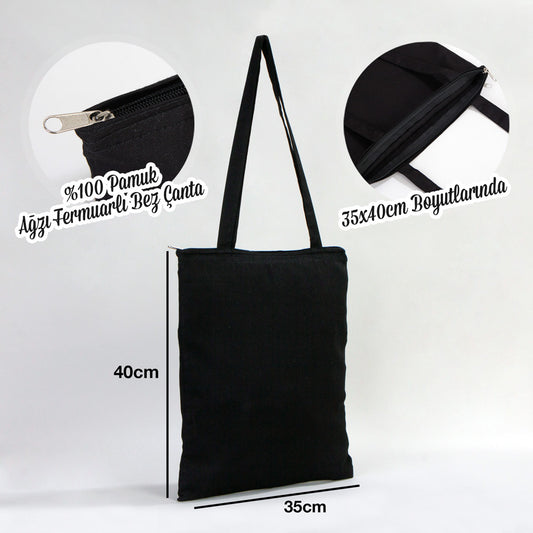 Fermuarlı Siyah Gabardin Bez Çanta 35x40cm - istecanta.com