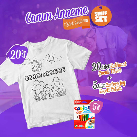 Anneler Günü Tişört Boyama Sınıf Seti - 20 Adet Boyanabilir Tişört / 5 Adet Keçeli Kalem - istecanta.com