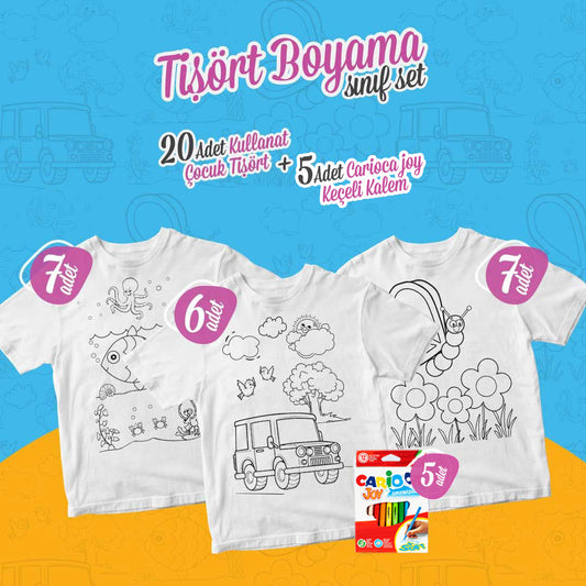 Tişört Boyama Sınıf Set - 20 Adet Boyanabilir Promosyon Çocuk Tişört / 5 Adet 12'li Keçeli Kalem - istecanta.com