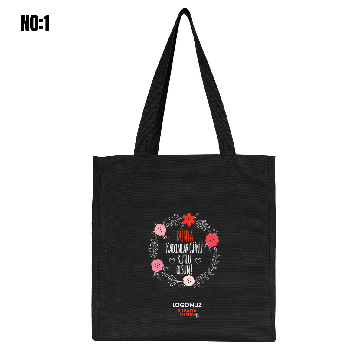 Kadınlar Günü Tam Körüklü Siyah Kanvas Çanta - 35x40x10 cm - Örgü Kulp (Özelleştirilebilir) - istecanta.com