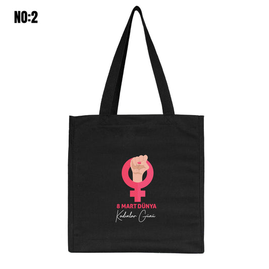 Kadınlar Günü Tam Körüklü Siyah Kanvas Çanta - 35x40x10 cm - Örgü Kulp (Özelleştirilebilir) - istecanta.com
