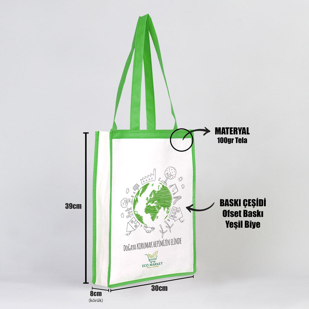 Tela Çanta Yeşil Biyeli - Market Çantası - istecanta.com