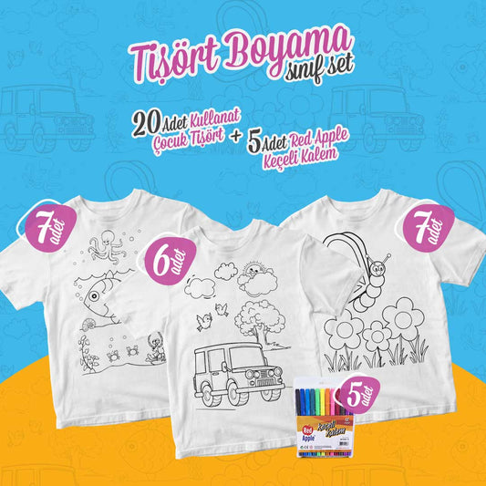 Tişört Boyama Sınıf Set - 20 Adet Boyanabilir Promosyon Çocuk Tişört / 5 Adet 12'li Keçeli Kalem - istecanta.com