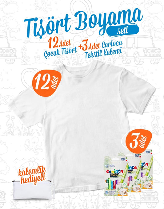 Tişört Boyama Sınıf Seti (Kalemlik Hediyeli) - 12 Adet Çocuk Tişört / 3 Adet Kumaş Kalemi - istecanta.com
