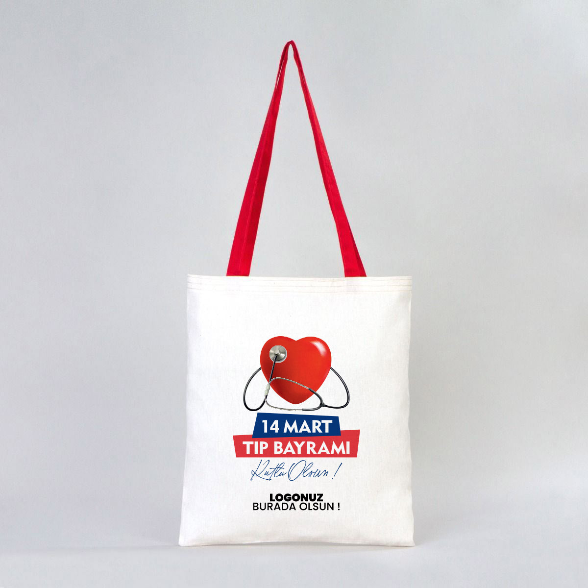 Tıp Bayramı Hediyesi Ham Bez Çanta Kırmızı Kulp 35x40 cm - istecanta.com