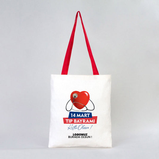 Tıp Bayramı Hediyesi Ham Bez Çanta Kırmızı Kulp 35x40 cm - istecanta.com