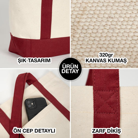 Trend Kanvas Çanta 40x35x12cm - Bordo Renkli Kulp (Özelleştirilebilir)