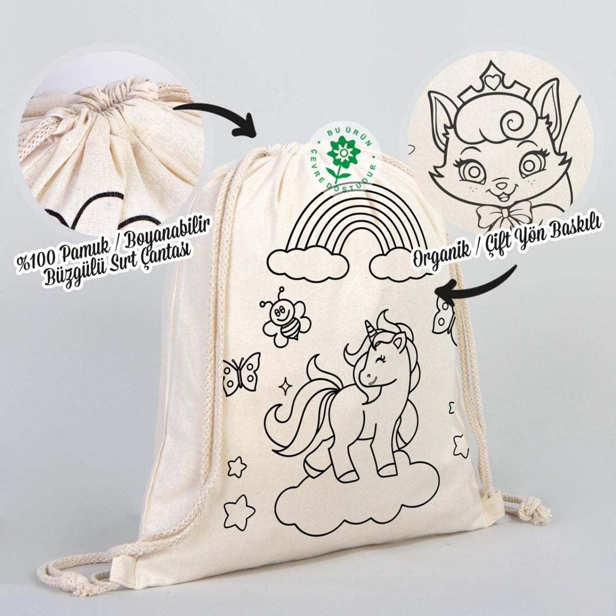 Bammerz İp Büzgülü Bez Sırt Çantası 35X40 cm Unicorn - Kedi - istecanta.com