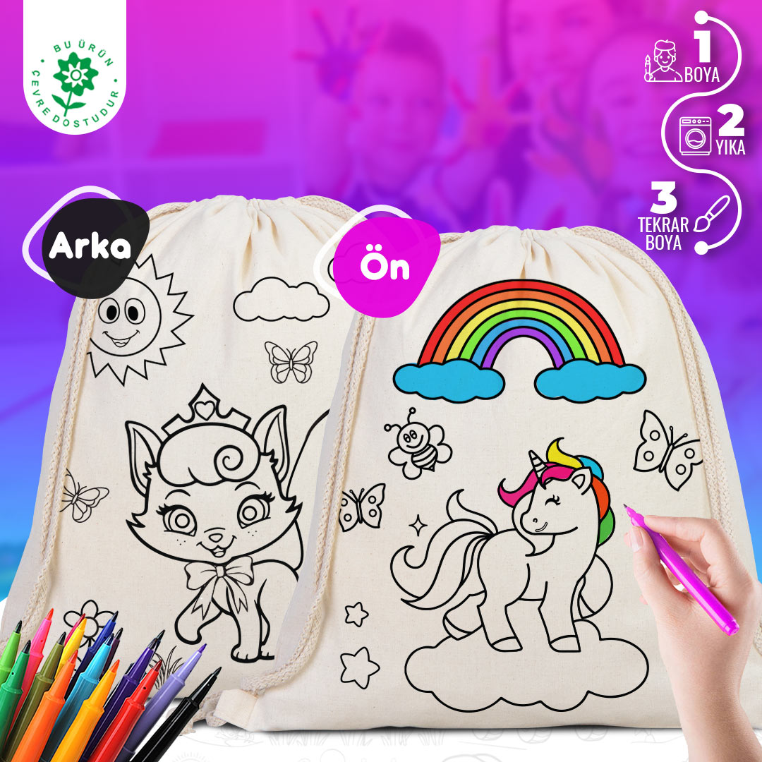 Bammerz İp Büzgülü Bez Sırt Çantası 35X40 cm Unicorn - Kedi - istecanta.com