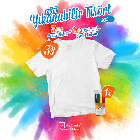 Tişört Boyama Seti Yıkanabilir Mini - 3 Adet Promosyon Çocuk Tişört / 1 Adet 6'lı Keçeli Kalem - istecanta.com