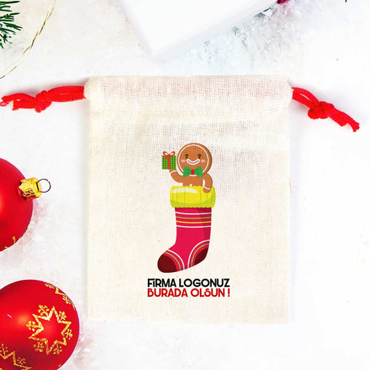 Yılbaşı Kurabiyesi Baskılı Bez Kese Modeli - Renkli İp (Özelleştirilebilir) - istecanta.com