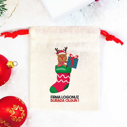 Yılbaşı Temalı Geyik Baskılı Bez Kese Modeli - Renkli İp (Özelleştirilebilir) - istecanta.com