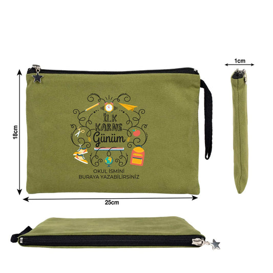 Yeşil karne günü hediyesi kanvas clutch çanta 25×18 cm astarlı, okul temalı özelleştirilebilir tasarım