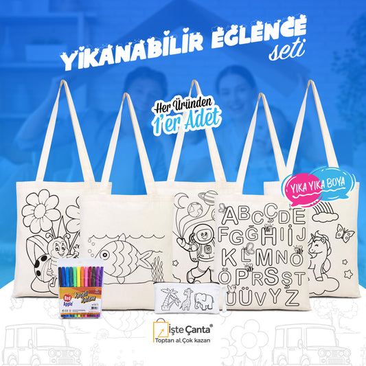 Yıkanabilir Eğlence Seti - 5 Adet Çift Yön Boyanabilir Çanta / 1 Adet Boyanabilir Kalemlik / 1 Adet 12'li Keçeli Kalem - istecanta.com