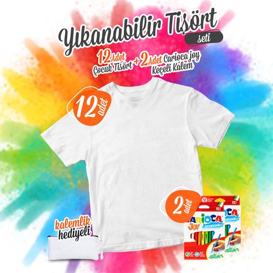 Tişört Boyama Seti Yıkanabilir ( Kalemlik Hediyeli) - 12 Adet Promosyon Çocuk Tişört / 2 Adet Keçeli Kalem - istecanta.com