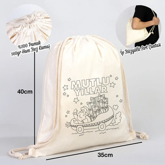 Mutlu Yıllar Temalı Boyanabilir Büzgülü Sırt Çantası 35x40 cm – Yılbaşı Aktivite ve Hediye