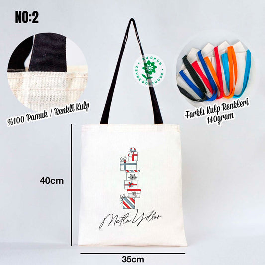 Yılbaşı Baskılı Renkli Kulp Ham Bez Çanta 35x40 cm (Özelleştirilebilir) - istecanta.com