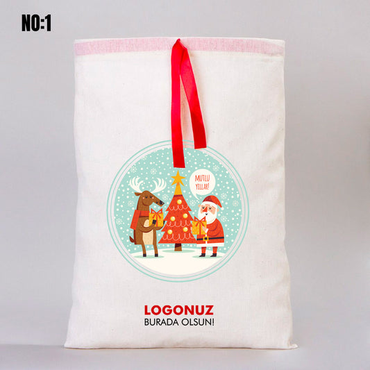 Yılbaşı Bez Kese Kırmızı Kurdelalı - 30x40 cm (Özelleştirilebilir) - istecanta.com