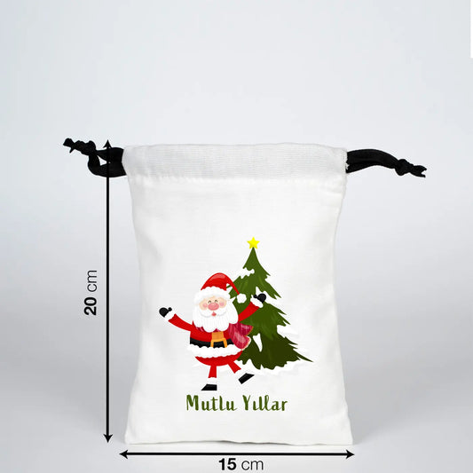 Yeni Yıla Özel Siyah İpli Bez Kese - 15x20cm Beyaz Panama Kumaş