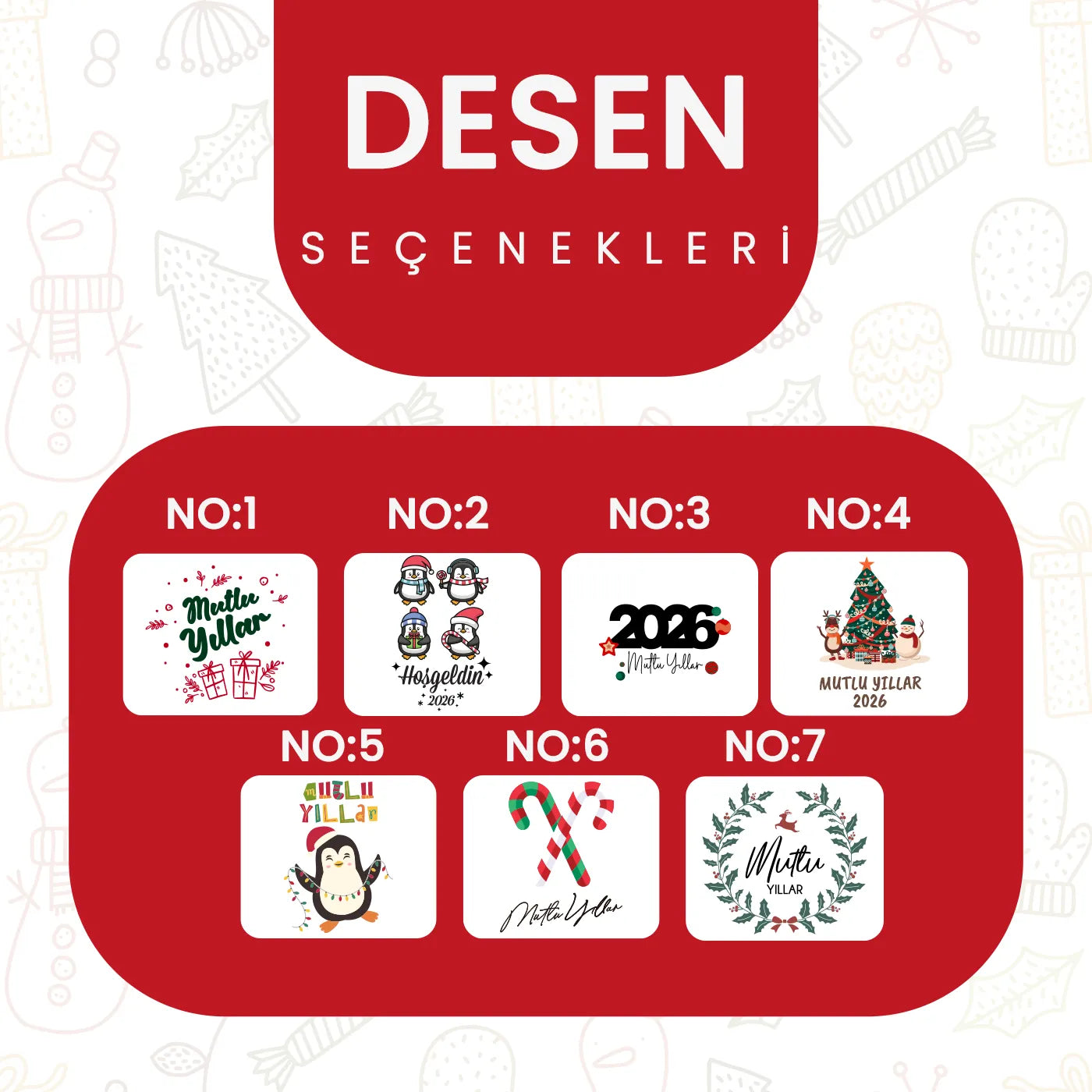 “Yılbaşı setleri için 7 farklı desen seçeneği; Mutlu Yıllar, 2026 teması, penguen, şeker kamışı ve çelenk tasarımları.”