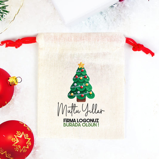 Yılbaşı Ağacı Baskılı Bez Kese - Renkli İp (Özelleştirilebilir) - istecanta.com