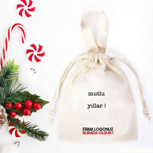 Mutlu Yıllar Minimalist Baskılı Yılbaşı Bez Kese- 15x20cm Tek Tutma Kısa Kulp (Özelleştirilebilir) - istecanta.com