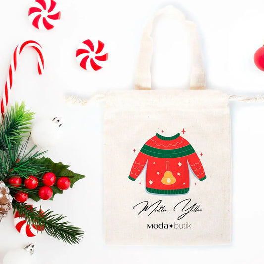 Yılbaşı Hediyeleri Kazak Baskılı Bez Kese - 15,5x20 cm Tek Tutma Kısa Kulp (Özelleştirilebilir)