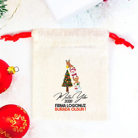 Mutlu Yıllar 2025 Baskılı Bez Kese - Renkli İp - (Özelleştirilebilir)