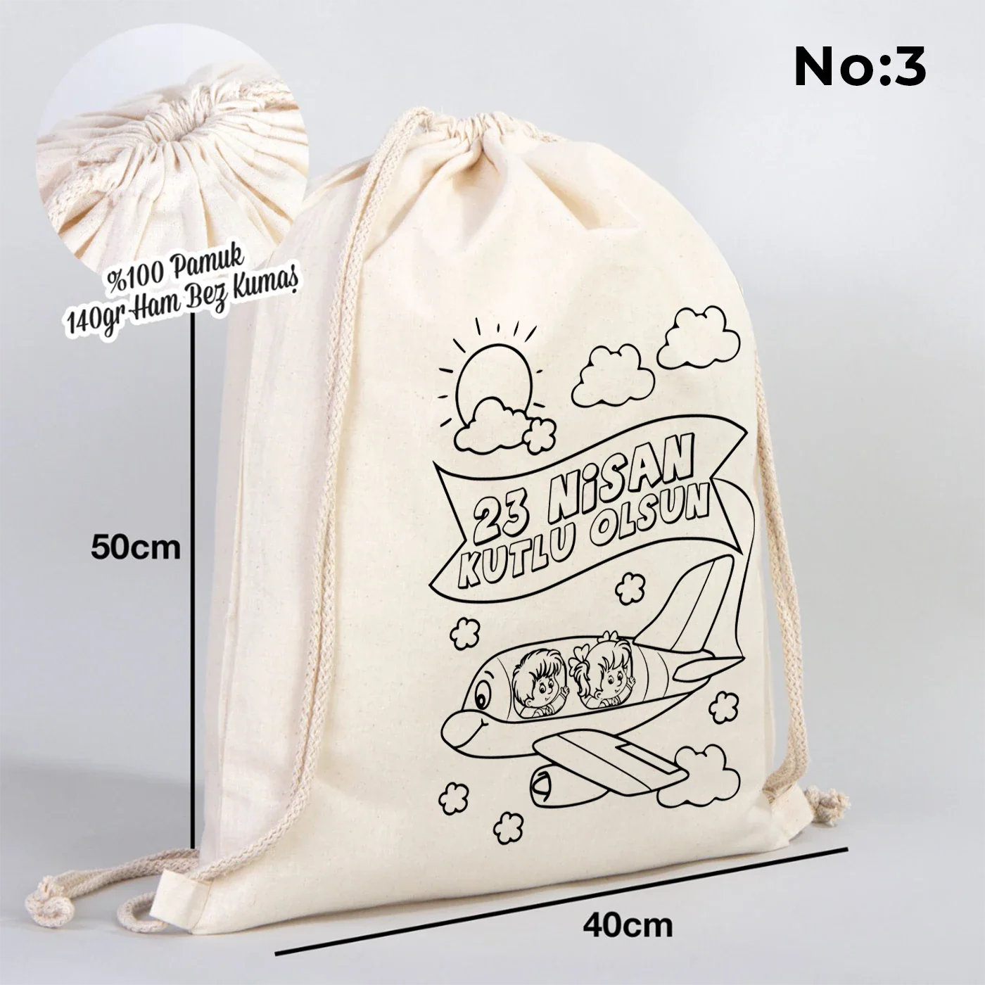 Boyanabilir 40x50 cm Ham Bez Büzgülü Sırt Çantası - 23 Nisan Hediyesi - yakın çekim