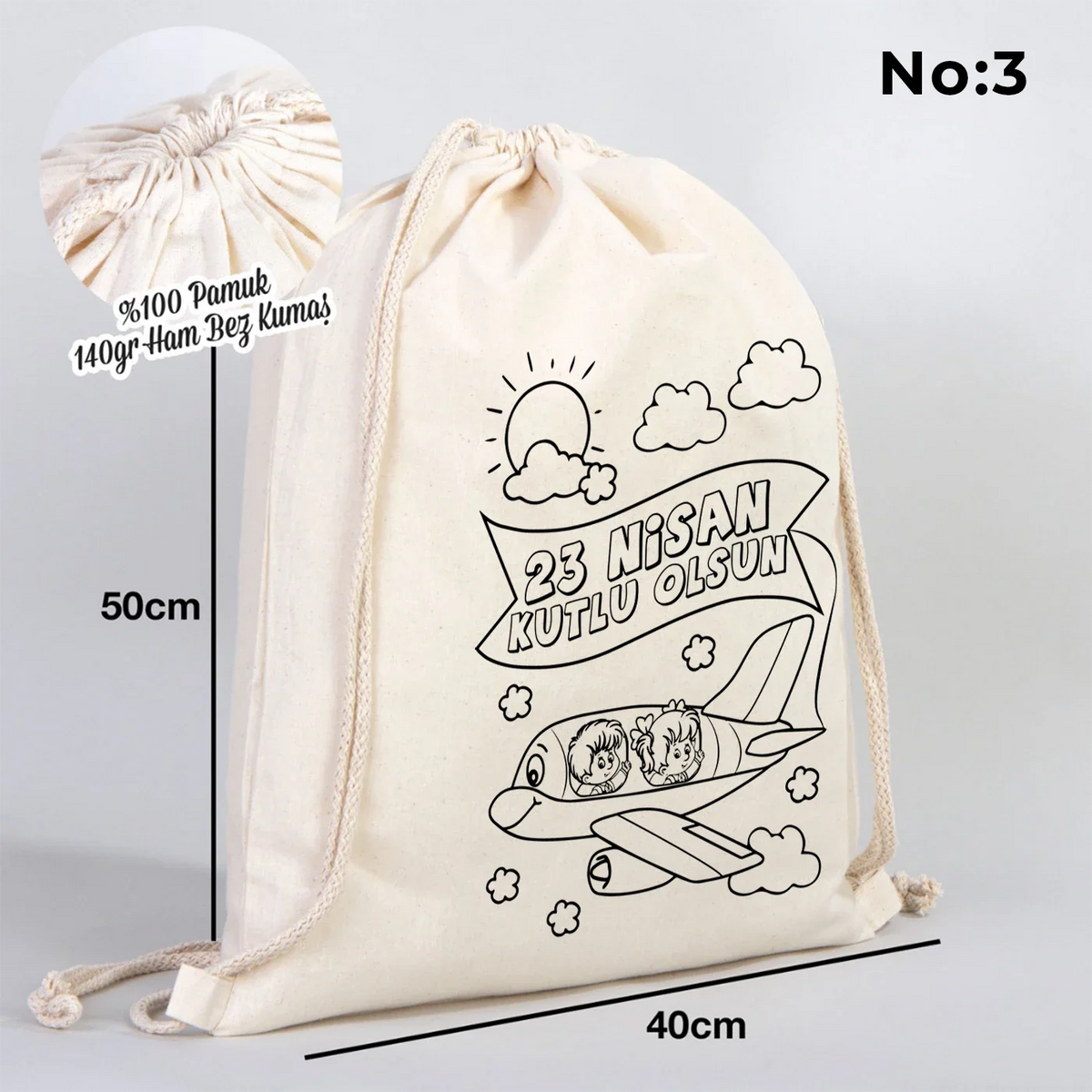 Boyanabilir 40x50 cm Ham Bez Büzgülü Sırt Çantası - 23 Nisan Hediyesi - yakın çekim