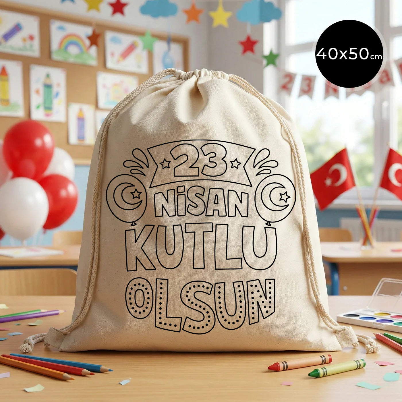Boyanabilir 40x50 cm Ham Bez Büzgülü Sırt Çantası - 23 Nisan Hediyesi