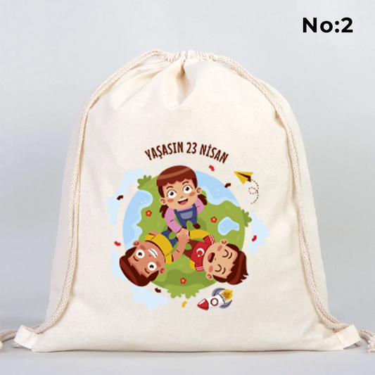 40x50 cm Ham Bez Büzgülü Sırt Çantası - 23 Nisan Hediye (Okul-Sınıf Baskılı) - detay görünüm