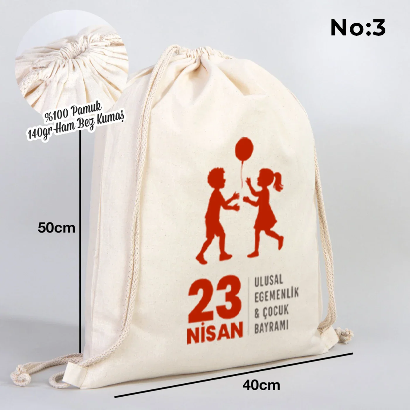 40x50 cm Ham Bez Büzgülü Sırt Çantası - 23 Nisan Hediye - yakın çekim