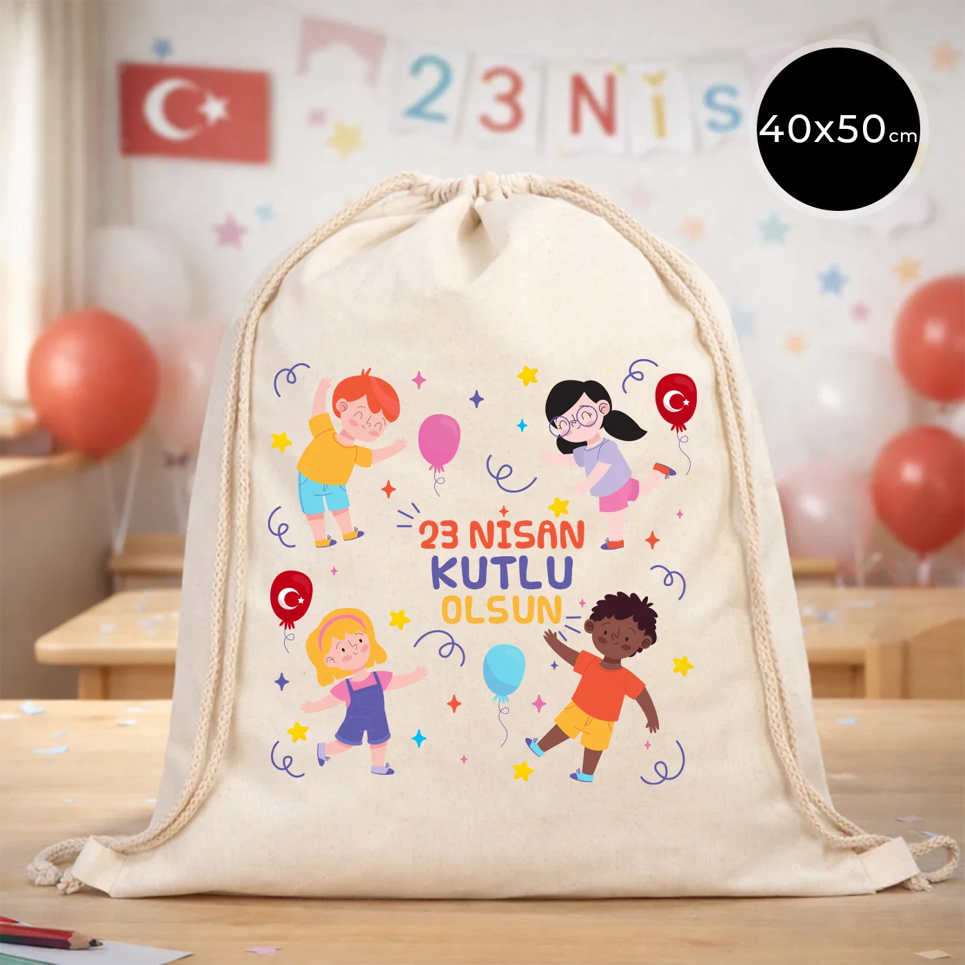 40x50 cm Ham Bez Büzgülü Sırt Çantası - 23 Nisan Hediye