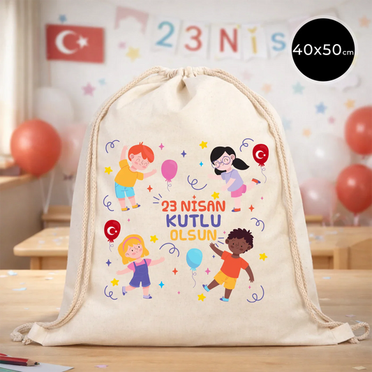 40x50 cm Ham Bez Büzgülü Sırt Çantası - 23 Nisan Hediye
