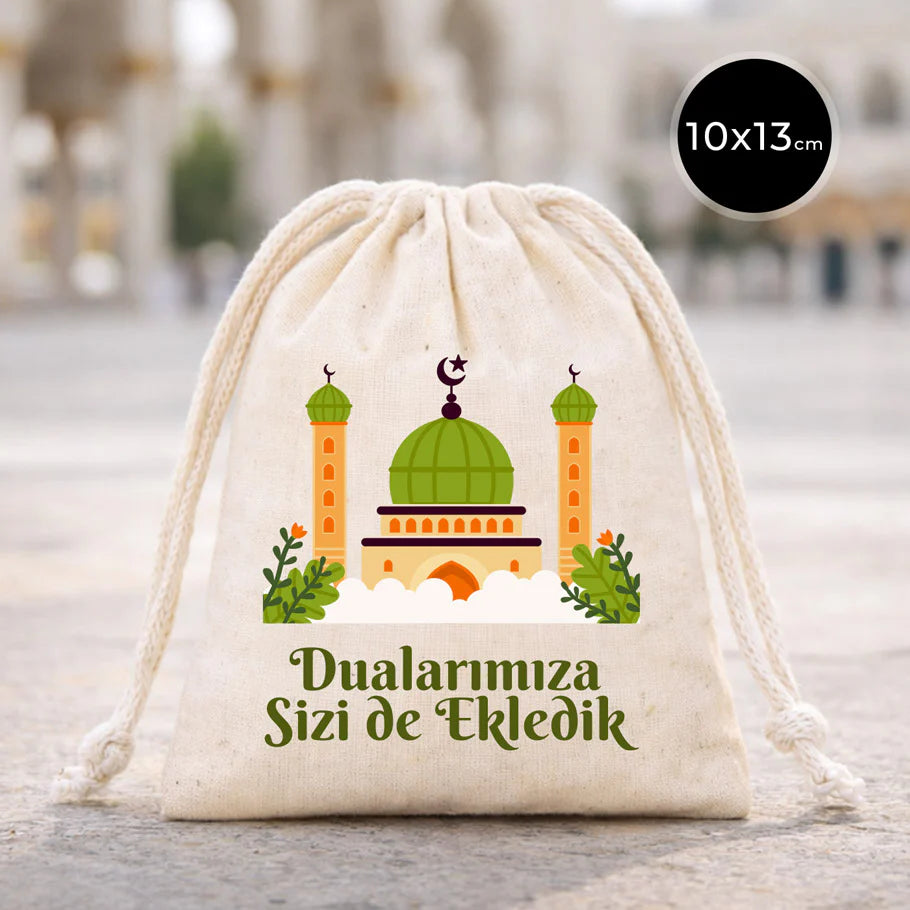 Hac ve Umre Hediyelik Ham Bez Çanta | 10x13 cm Kabe-i Muazzama’dan Selam ve D...