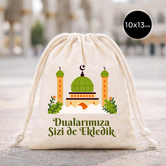 Hac ve Umre Hediyelik Ham Bez Çanta | 10x13 cm Kabe-i Muazzama’dan Selam ve D...