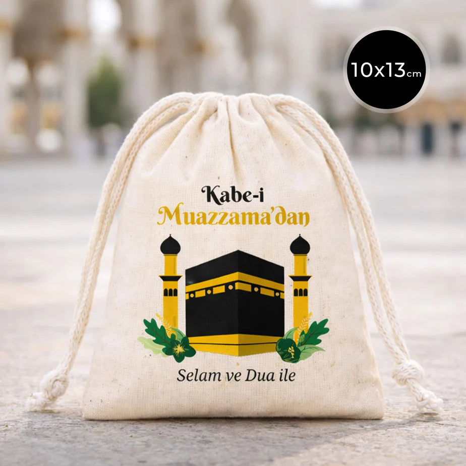 10x13 cm Kabe-i Muazzama’dan Selam ve Dua ile | Hac ve Umre Hediyelik Bez Kese