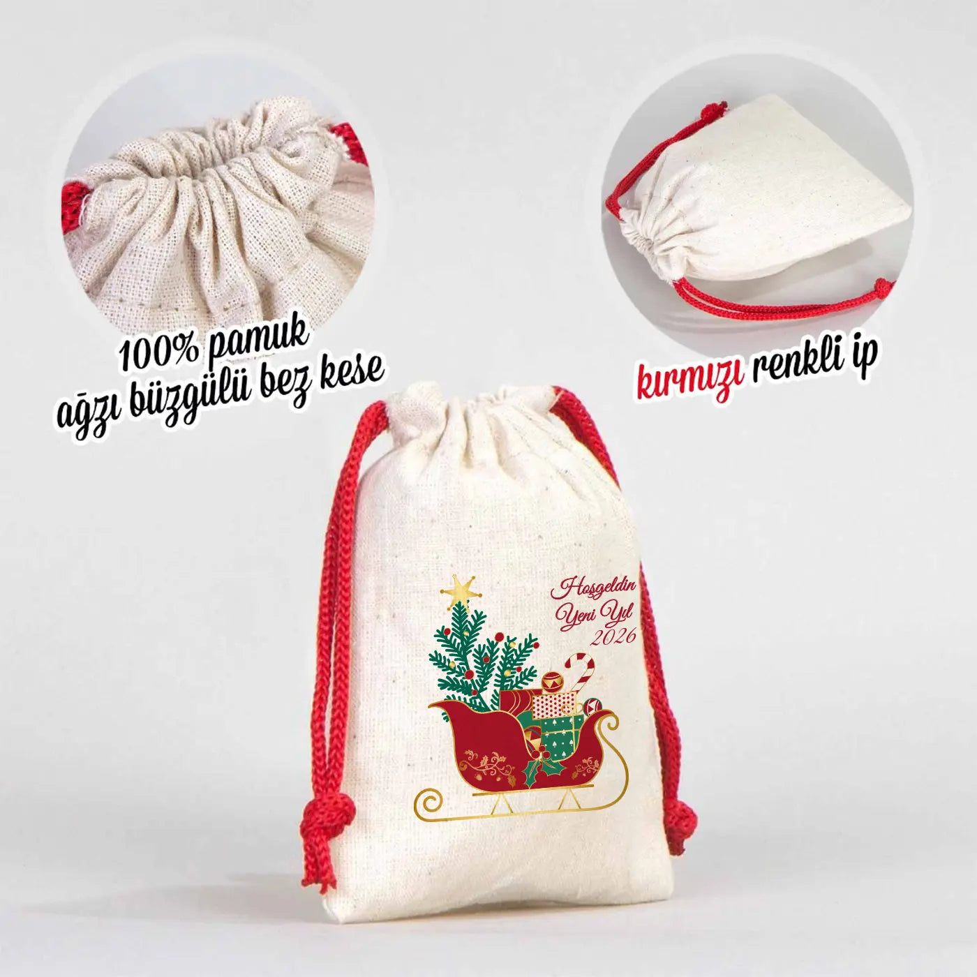 Yılbaşı Özel Bez Kese 10x13 cm - Renkli İp - Kırmızı (Özelleştirilebilir)