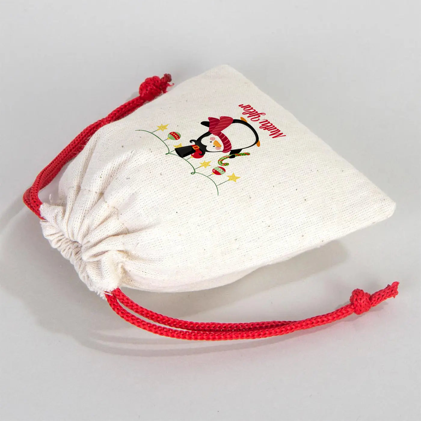 Yılbaşı Özel Bez Kese 10x13 cm - Renkli İp - Kırmızı (Özelleştirilebilir)