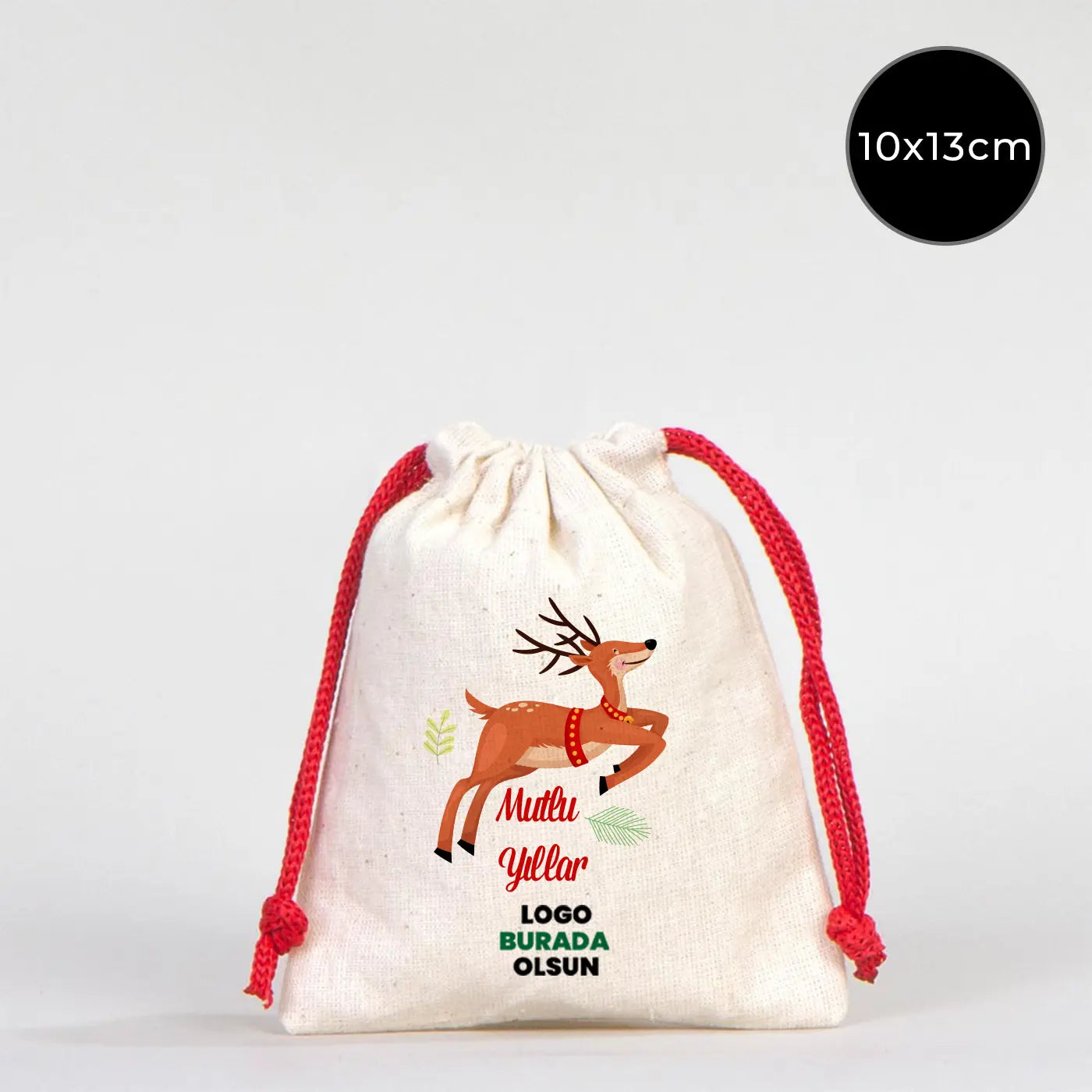 Yılbaşı Özel Bez Kese 10x13 cm - Renkli İp - Kırmızı (Özelleştirilebilir)