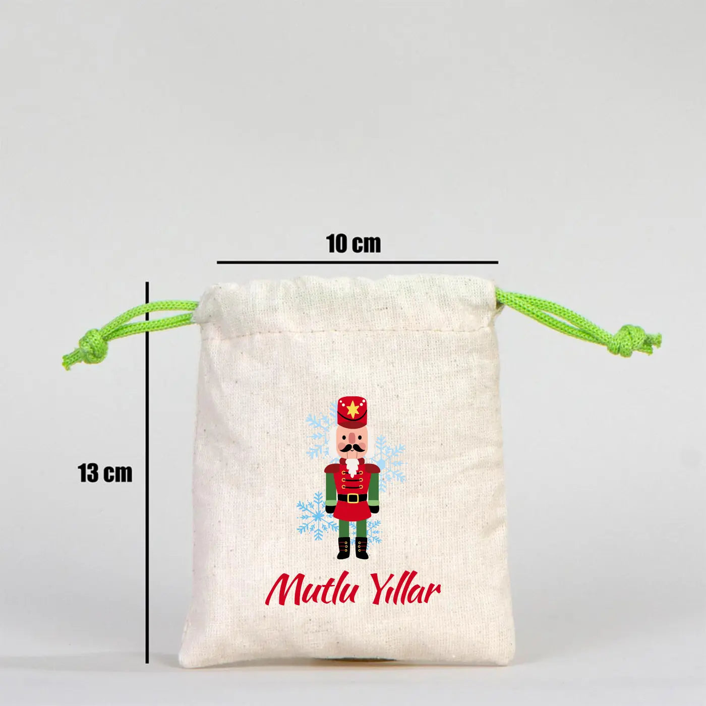 Yilbasi Özel Bez Kese 10x13 cm - Renkli İp -Yeşil (Özelleştirilebilir)