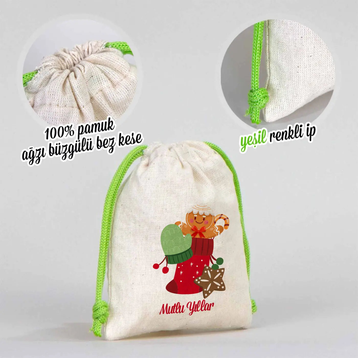 Yilbasi Özel Bez Kese 10x13 cm - Renkli İp -Yeşil (Özelleştirilebilir)