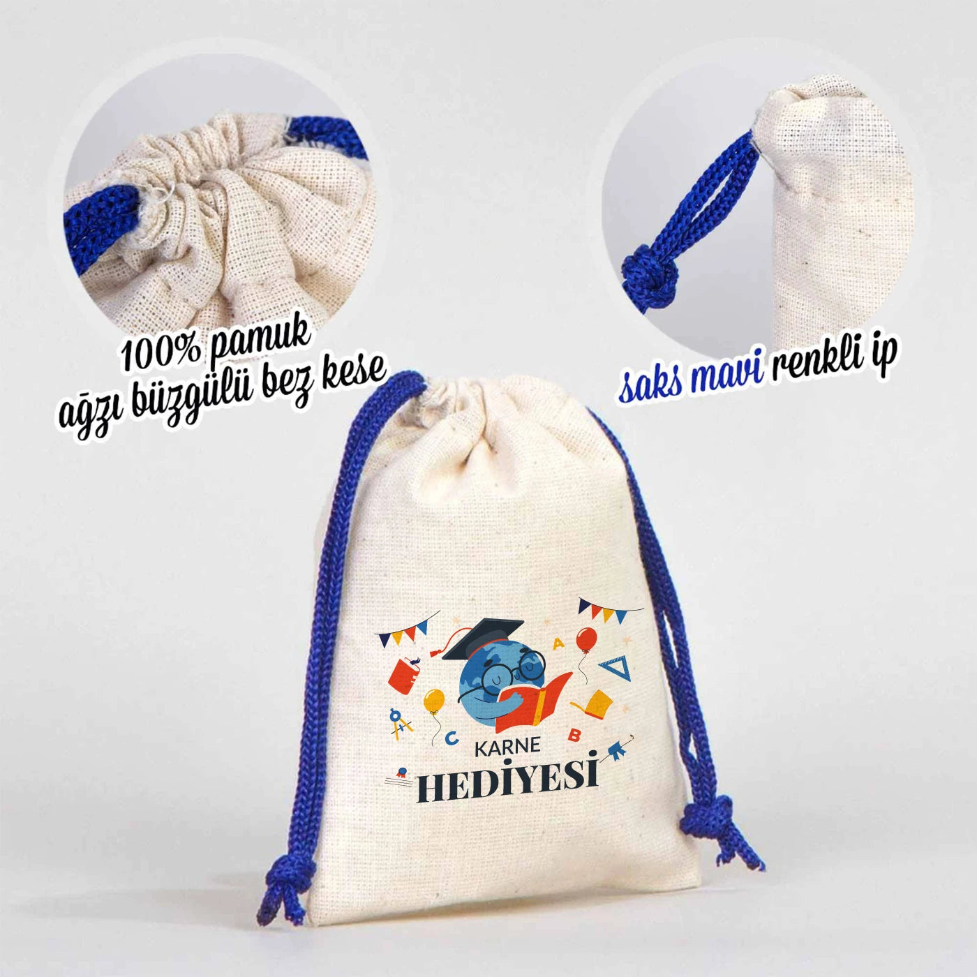 Ham renkten kumaştan yapılmış, mavi fermuarlı ve mavi askılı 25×32×10 cm çantanın ön yüzünde karne günü temalı kişiselleştirilebir detaylar vardır.