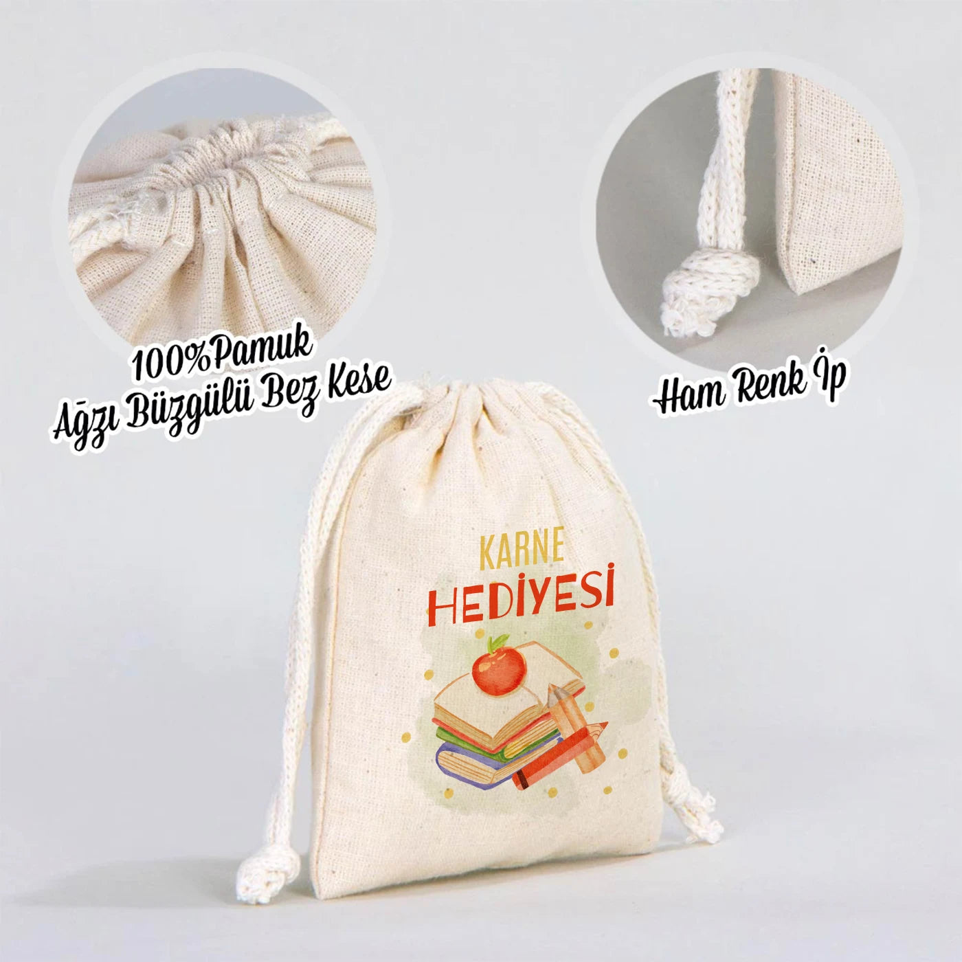10×13 cm ebatlarında, krem renkli pamuk ipli büzgülü hediye kesesi. Ön yüzünde ürün grubuna ait 18 farklı karne temalı tasarımdan biri bulunur.