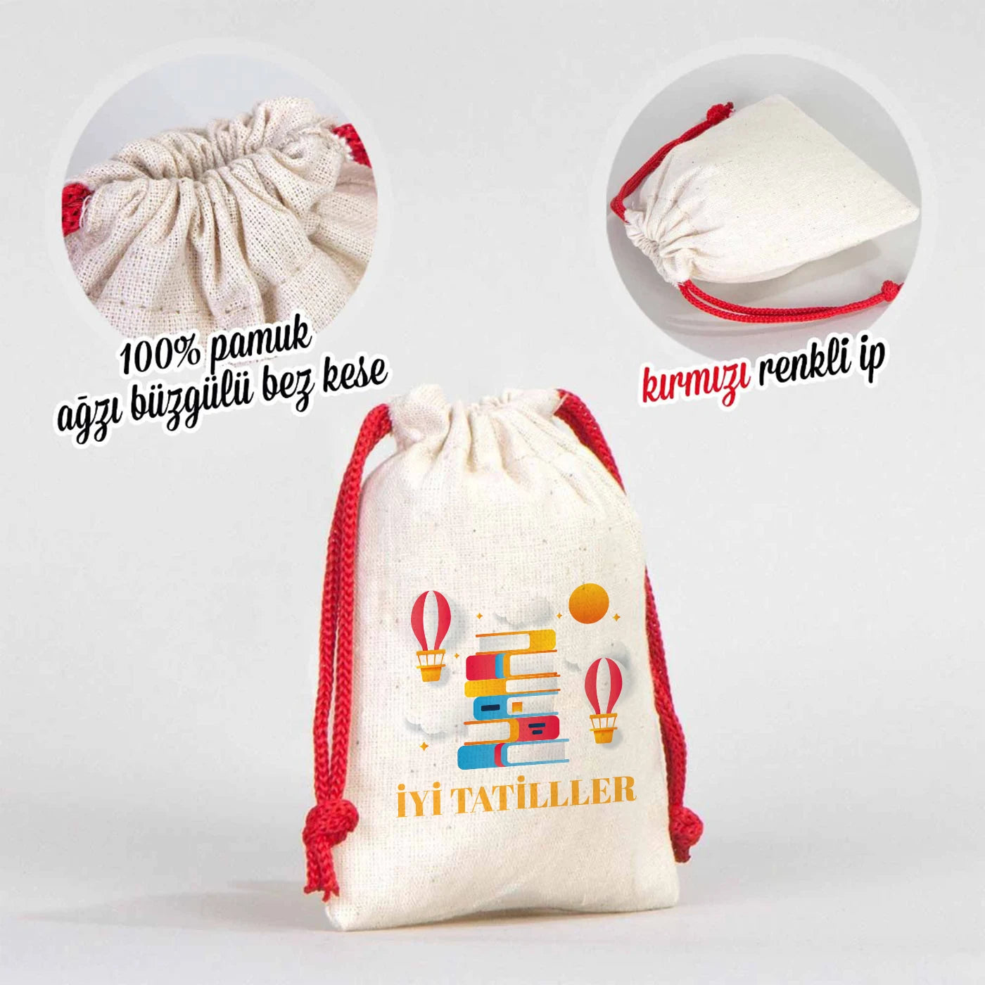 10×13 cm ebatlarında, kırmızı ipli jut (çuval) kese. Ön yüzünde ürün grubuna ait 18 farklı karne temalı tasarımdan biri bulunur.