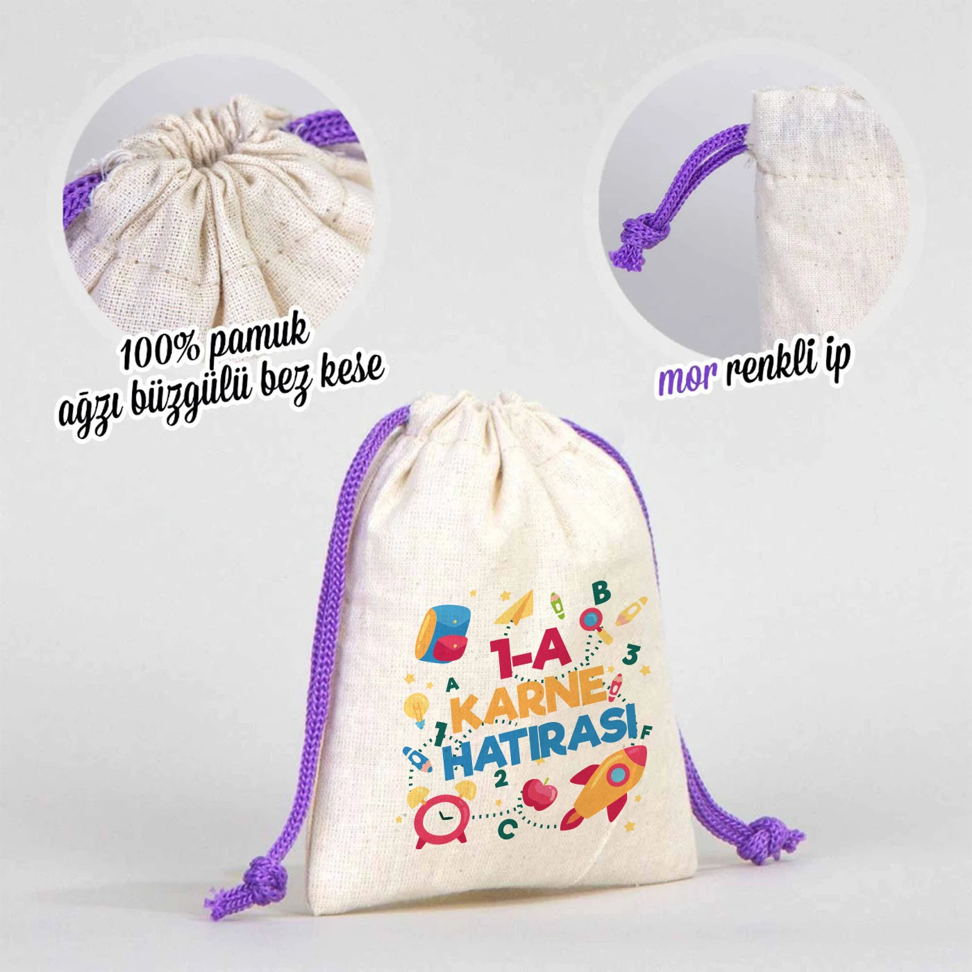 Karne Günü Hatıra Kesesi – Mor Büzgülü Pamuk 10×13 cm (Özelleştirilebilir)